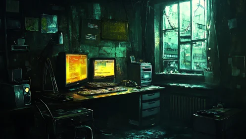 Hacker workstation glows in decayed neon-lit apartment.
