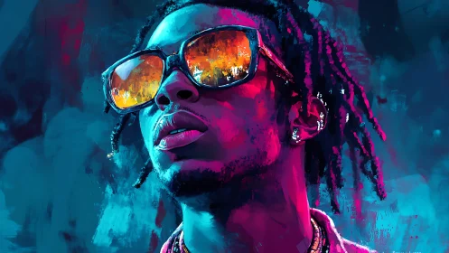 Digital portrait of man with sunglasses in neon lighting.