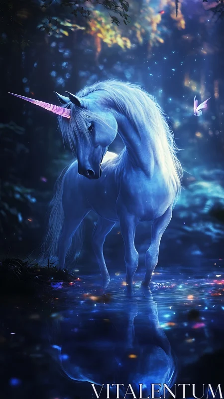 Blue unicorn standing by reflective forest pool at night.