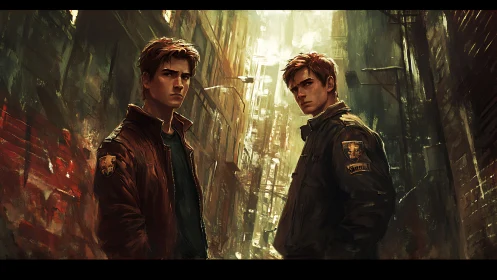 Digital painting of twin agents in narrow urban alleyway.