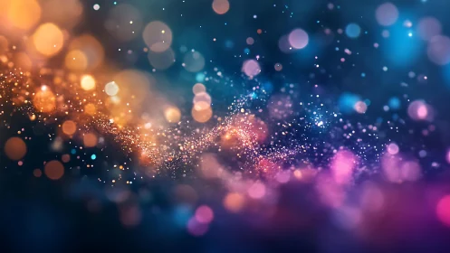 Colorful bokeh lights and sparkling abstract particles in dreamy style.