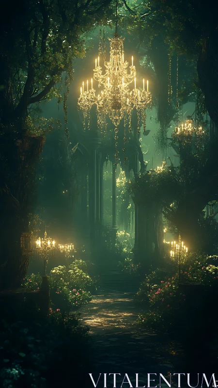 Enchanted Forest Hall with Glowing Crystal Chandeliers