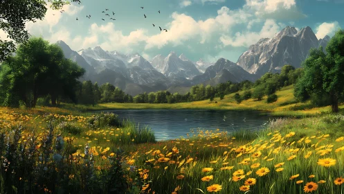 Alpine lake embraced by wildflower meadows and peaks.