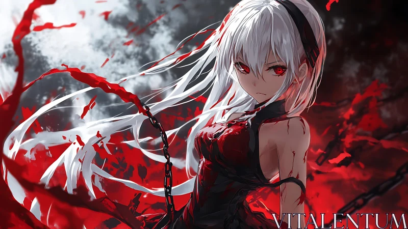 White haired anime girl stands in red and black vortex