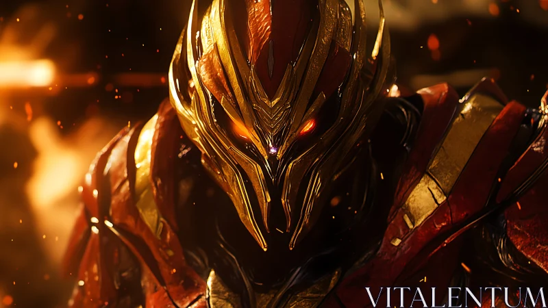 Infernal armored warlord with molten gold helmet glare.