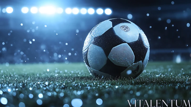 Bright stadium lights welcome a dewy soccer ball to the pitch
