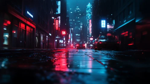 Rain-soaked neon city street with parked cars at night.