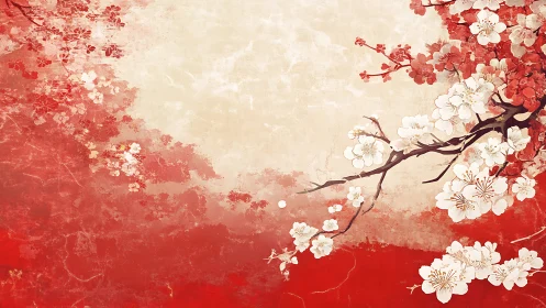 Cherry blossom branch on textured red and beige field.