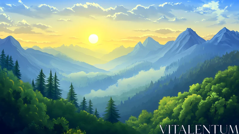 Sunrise illuminates layered mountain forest valley panorama