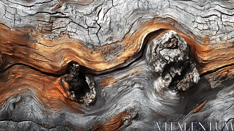 Weathered tree bark close-up with natural swirling patterns.