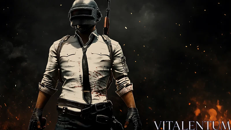 Helmeted combatant stands in front of dark, fiery backdrop