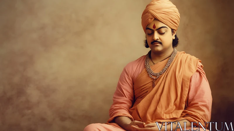 Peaceful monk in orange robes meditates in warm stillness