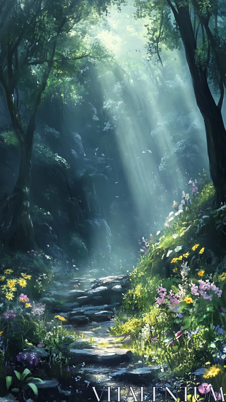 Sunlit stone path through lush wildflower forest glade