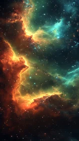 Cosmic nebula wall with glowing teal and ember gas clouds.