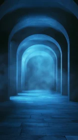 Blue illuminated arch corridor with receding perspective.