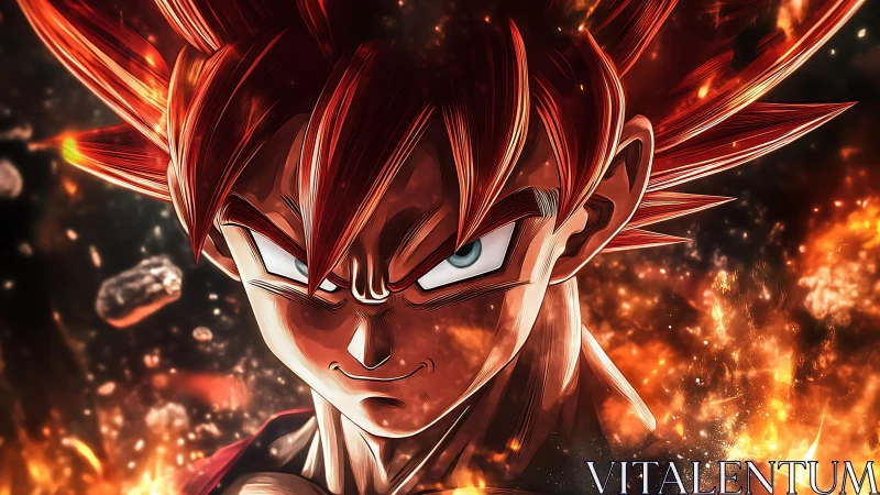 Fiery red-haired anime warrior close-up in explosive battle scene