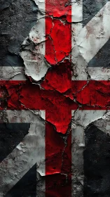 Corroded Union Jack cross with stratified peeling paint layers.