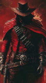 Scarlet gunslinger strides from the blaze with quiet fury