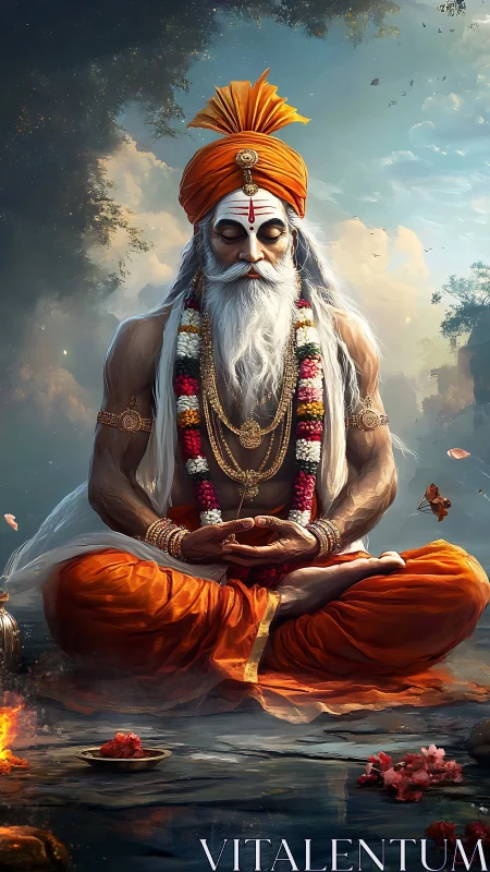 Serene orange-robed sage in deep riverside meditation.