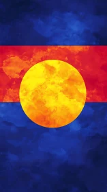 Bold abstract sun emblem glows against deep cosmic blues