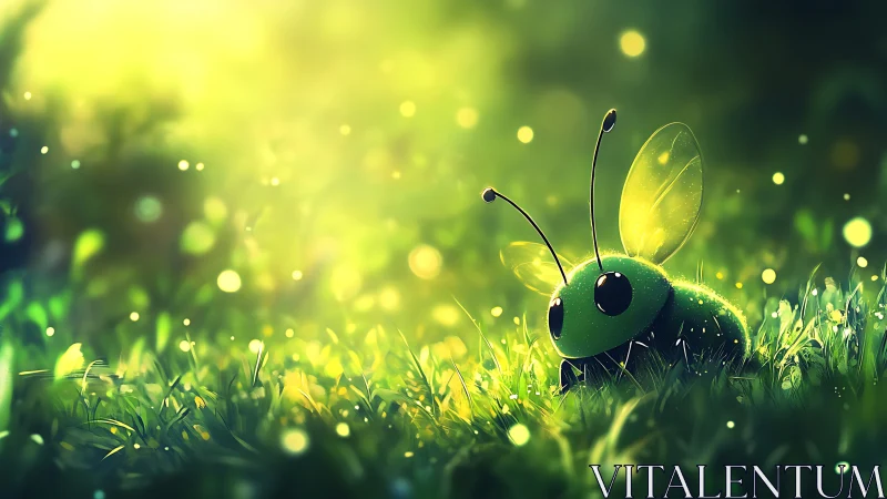 Bioluminescent beetle creature in sunlit dewy meadow environment.