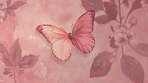 Monochrome pink butterfly rendered over soft floral textured ground