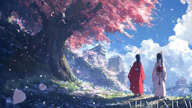 Stroll beneath cherry blossoms toward a dreamy hilltop village.