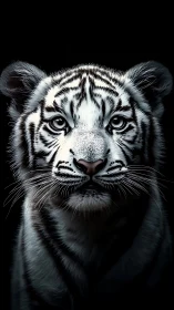 White tiger cub portrait glows against deep black background