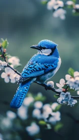 Blue Jay Perched Among White Blossoms.