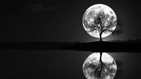Monochrome lunar landscape frames silhouetted tree and reflection