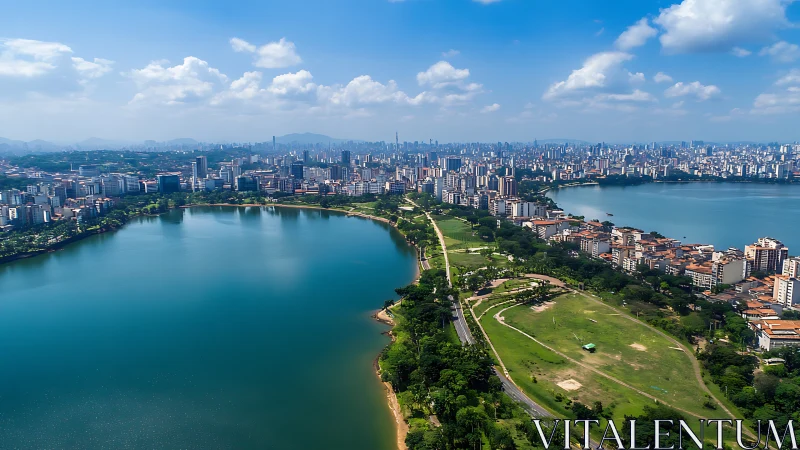 Sunlit city skyline embracing calm blue urban lagoons.