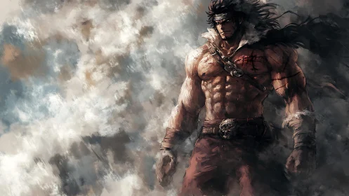 Battle-scarred warrior emerges from stormy painterly haze