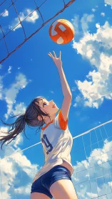 Anime volleyball player reaching to hit ball at outdoor net.