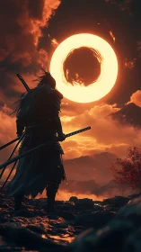 Samurai silhouette facing burning eclipse above volcanic valley