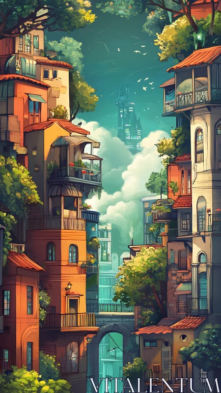 Sunlit terraces weave a leafy portal toward distant towers