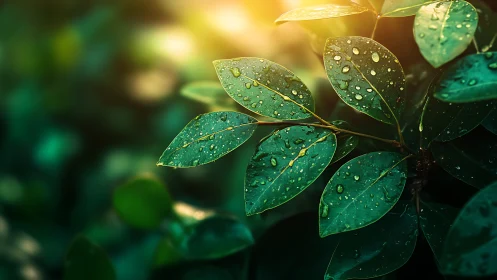 Sunlit raindrops resting gently on lush green leaves.