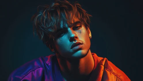 Moody digital portrait of young man in neon lighting.