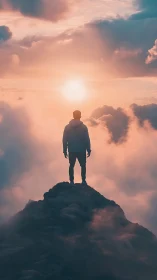 Quiet sunrise triumph on a misty mountain summit.