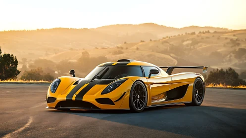 Aerodynamic hypercar in golden-hour landscape rendering.