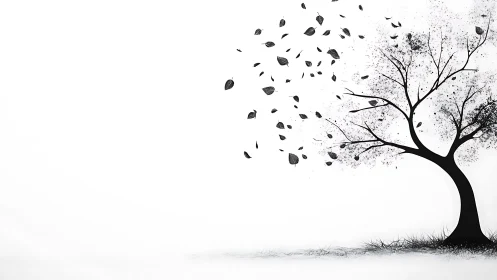 Minimalist black tree sheds leaves into stark white space.