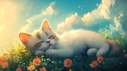 Luminescent Feline Subject Recumbent in Wildflower Meadow with Atmospheric Illumination.