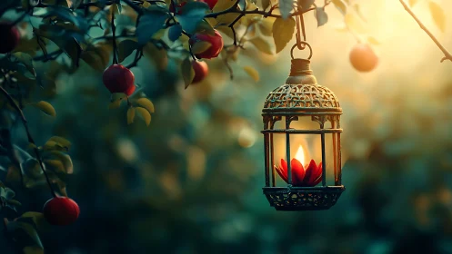 Ornate garden lantern glows warmly among ripe hanging apples