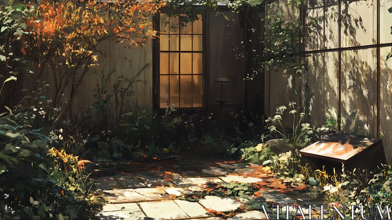 Secluded paved courtyard with dense foliage and sunlit window.