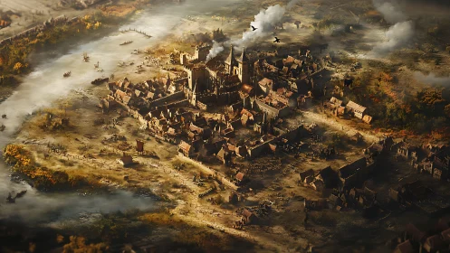 Sunlit medieval riverside city quietly hums with daily life