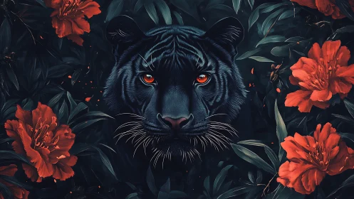 Midnight tiger resting among glowing crimson blossoms.