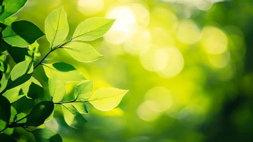 Sunlit green leaves catch soft bokeh light in forest