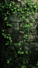 Climbing green ivy on aged stone wall in low light conditions.