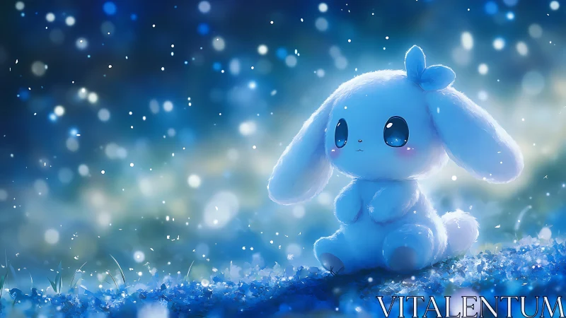 Fluffy blue bunny under glowing night sky bokeh field.