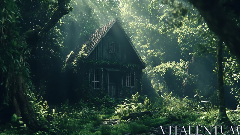 Overgrown dwelling structure surrounded by dense forest vegetation.