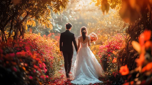 Wedding couple walking through sunlit garden path.